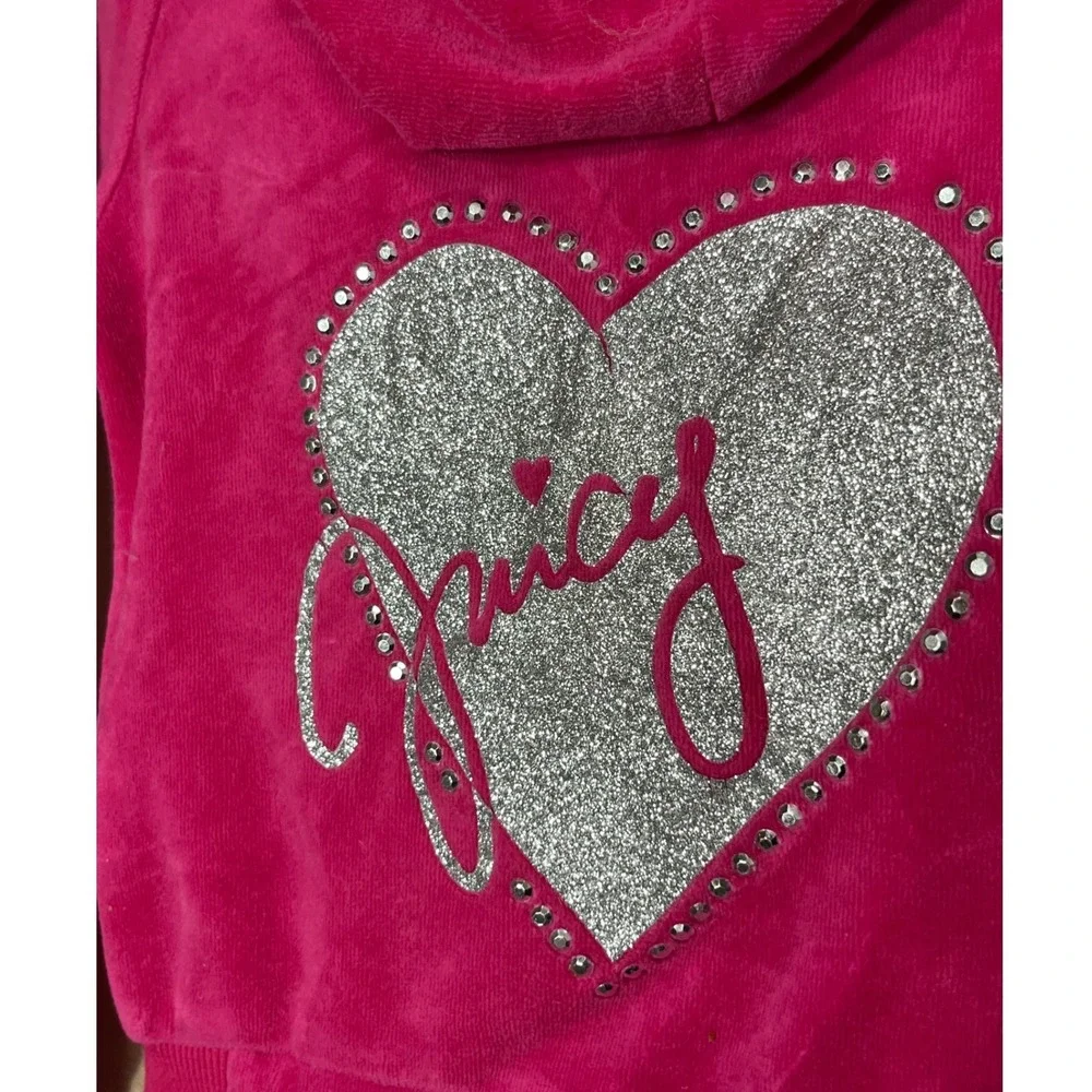 Juicy Couture Velour Zip Up Jacket Girls Size 5 Pink Crown Logo Heart Rhinestone